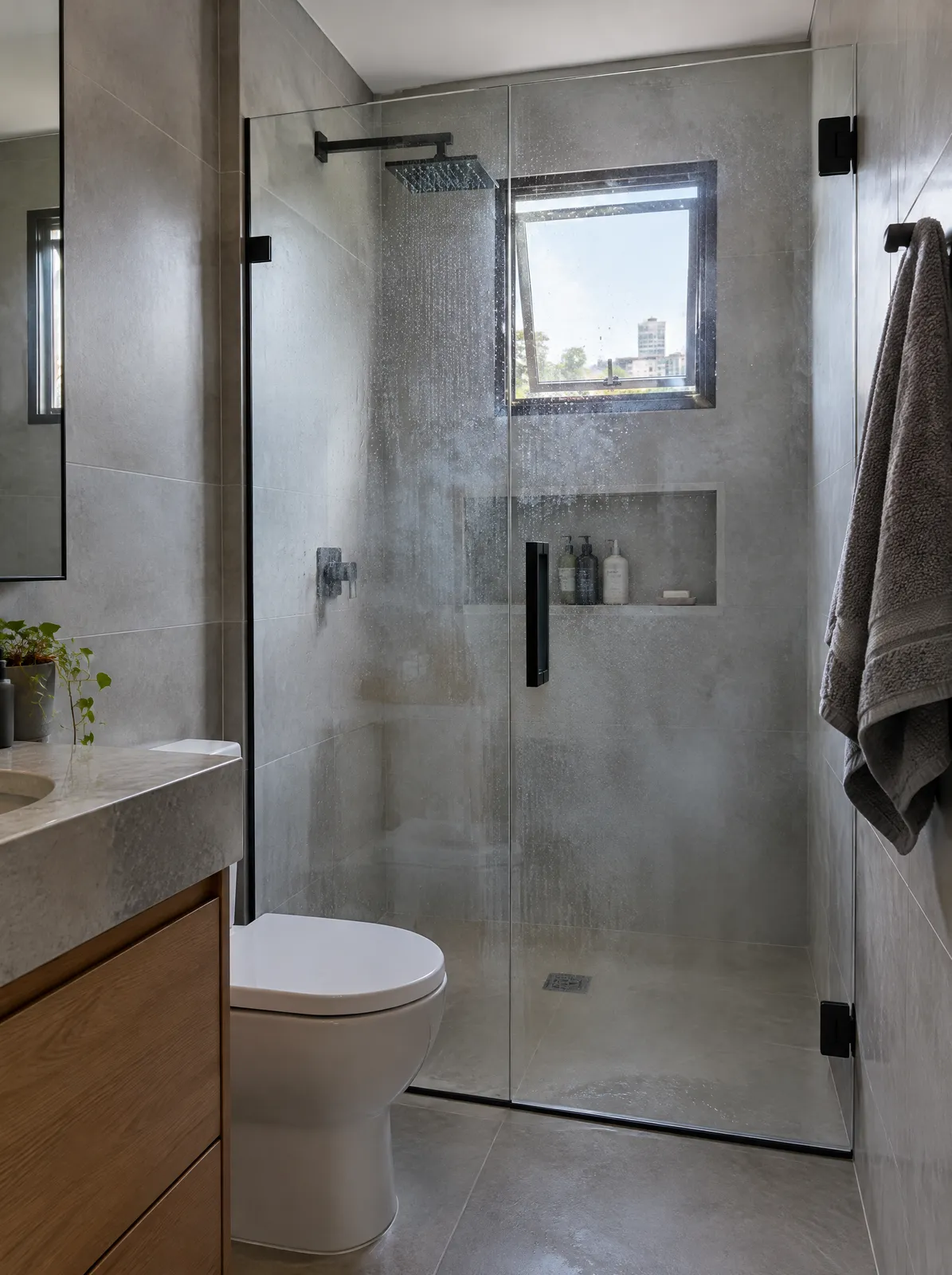 Box de vidro incolor em banheiro com porcelanato cinza e gotas no vidro