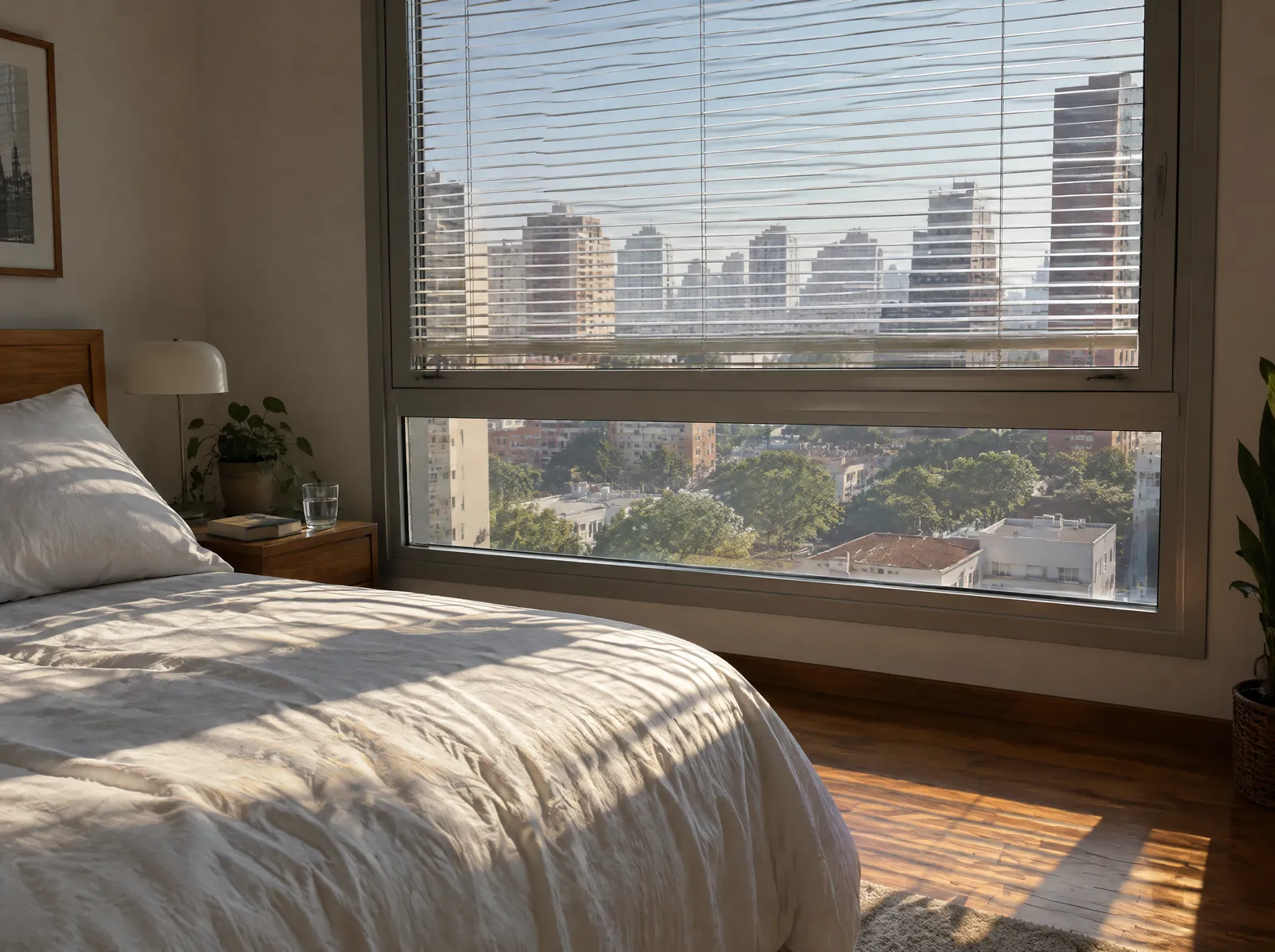 Janela de quarto com persiana entre vidros deixando faixas de luz na cama